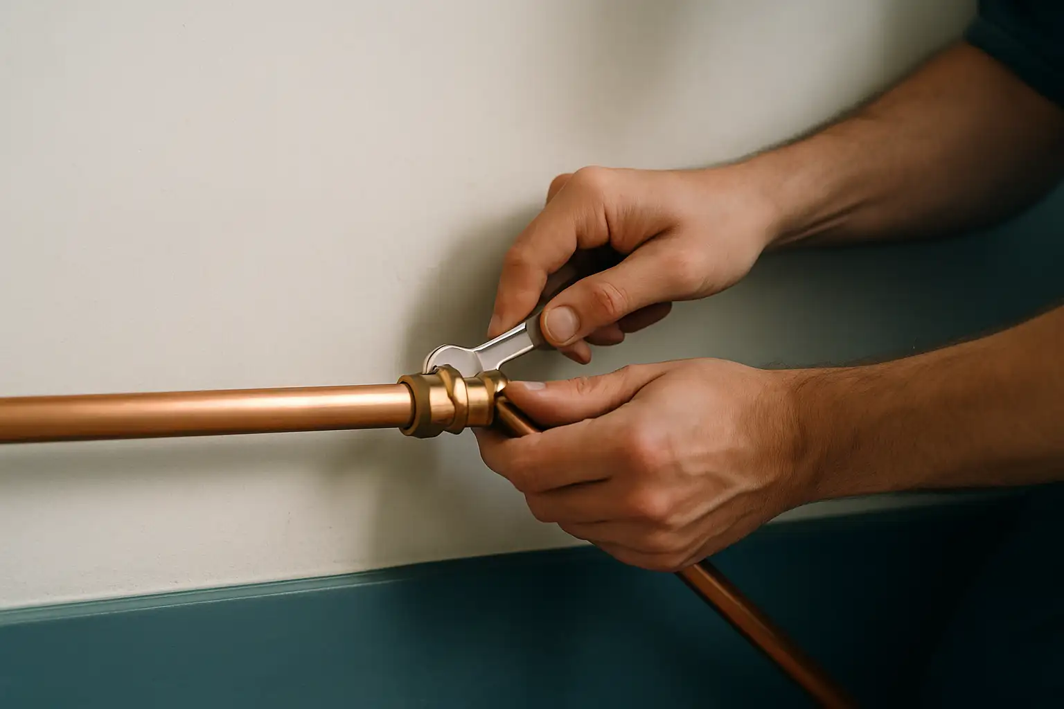 A tradesperson's two hands tightening a compression fitting on a bright copper pipe with a small spanner