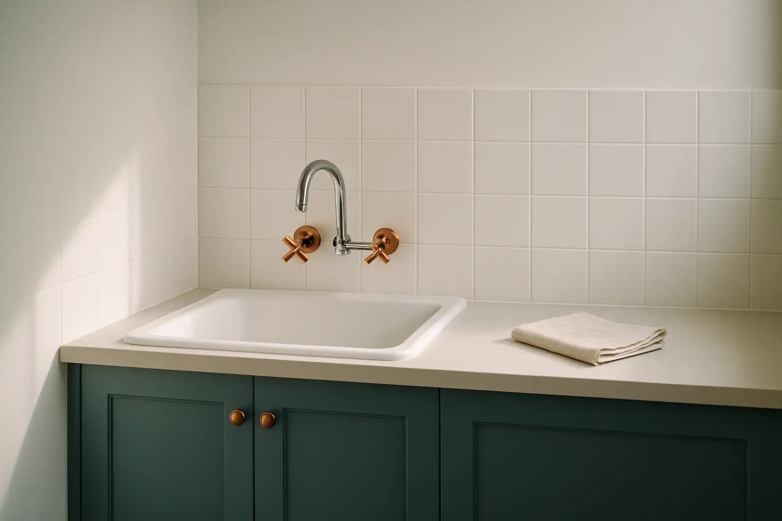 A calm laundry corner with new chrome and copper tapware over a white ceramic tub and petrol-teal cabinetry