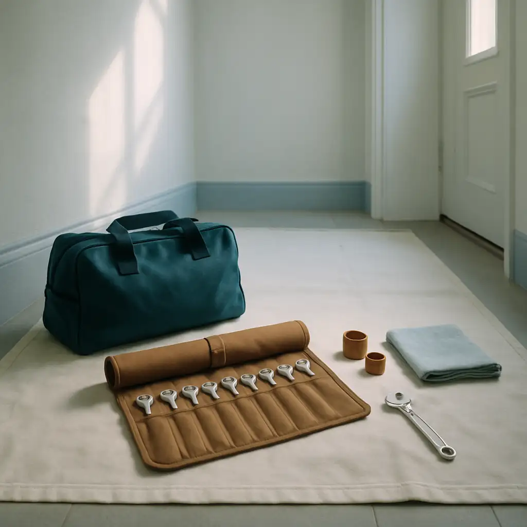 A tidy plumber's kit — tool roll, copper fittings, spanner and folded cloth laid out squarely on a clean dust sheet